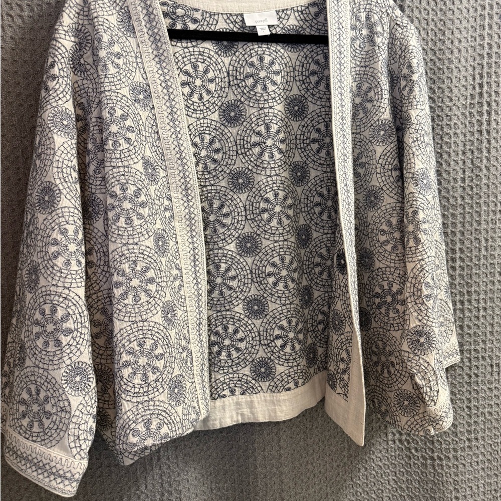 J. Jill Ivory and Navy Printed Open-Front Cardigan